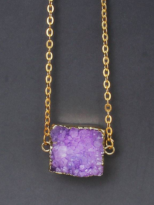 Gold wrap semi precious druzy stone pendant necklace - square