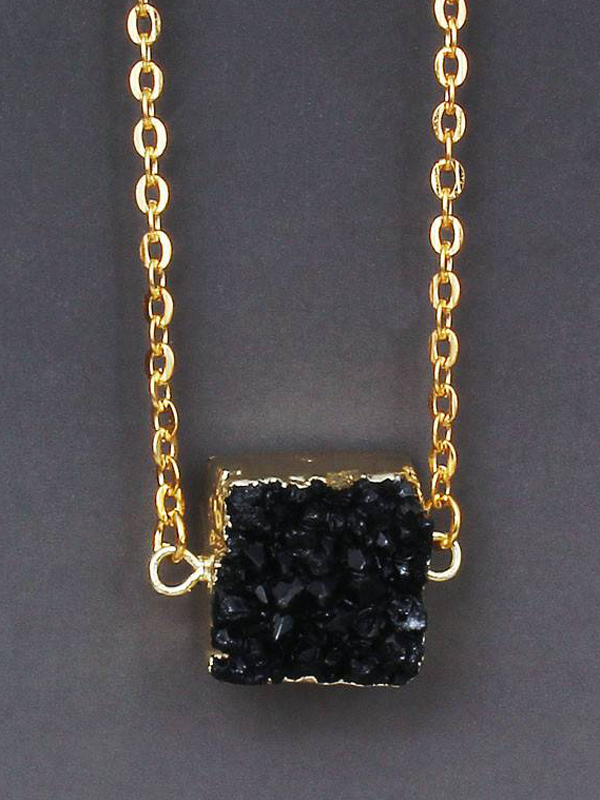 Gold wrap semi precious druzy stone pendant necklace - square