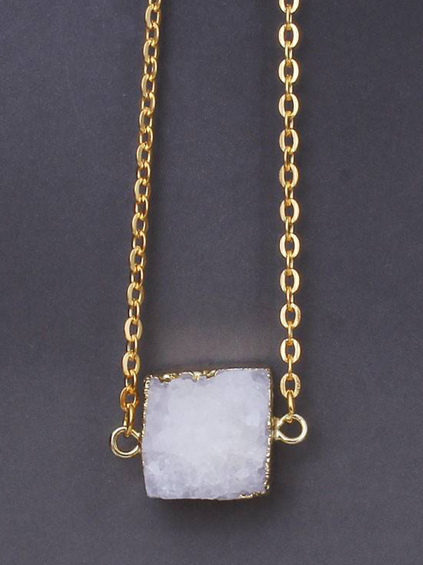 Gold wrap semi precious druzy stone pendant necklace - square