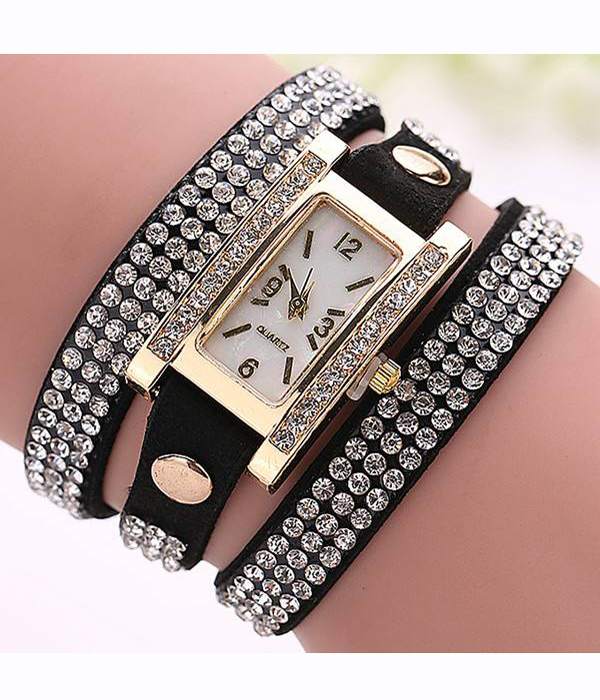 Crystal stud leather band wrist wrap fashion watch