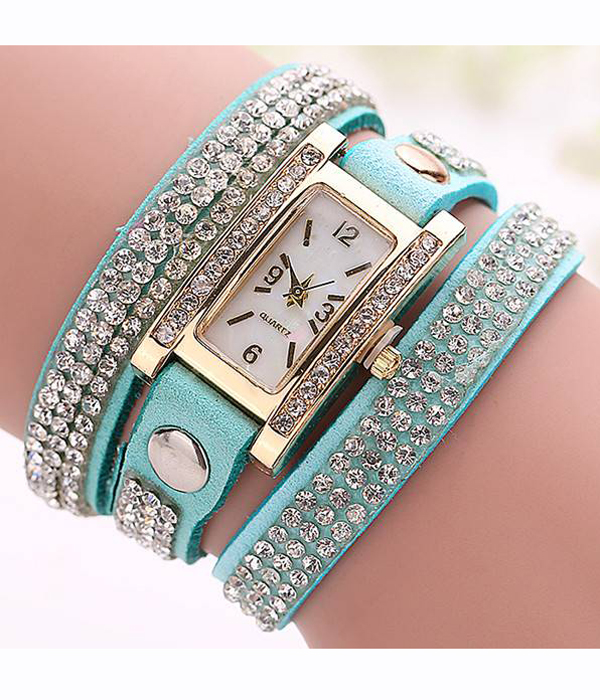 Crystal stud leather band wrist wrap fashion watch