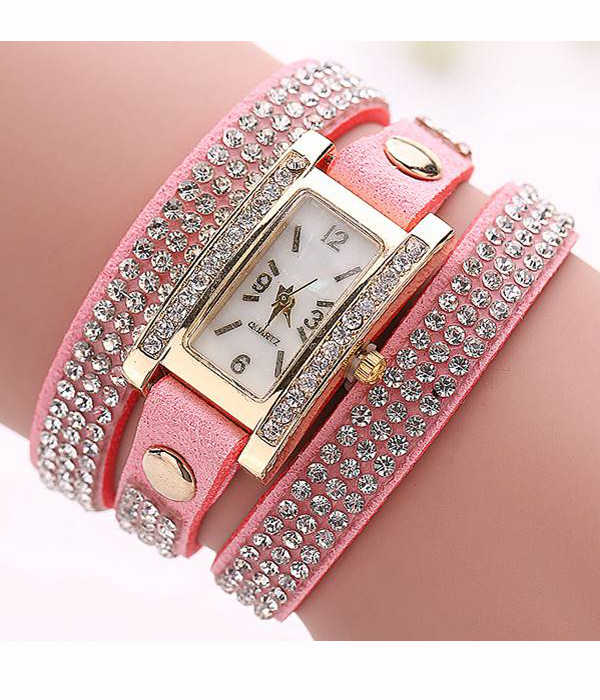 Crystal stud leather band wrist wrap fashion watch