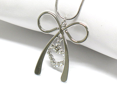 Made in korea whitegold plating crystal ribbon and heart pendant necklace