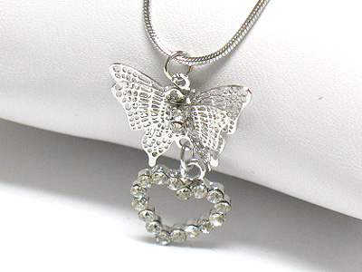 Made in korea whitegold plating crystal heart and butterfly pendant necklace