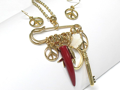 Peace key and multi pendant dangle long necklace and earring set