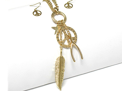 Feather and multi pendant dangle long necklace and earring set