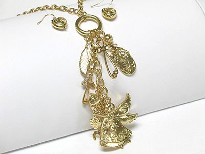 Angel and multi pendant dangle long necklace and earring set