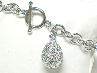 Whitegold palting crystal puffy tear drop charm toggle bracelet