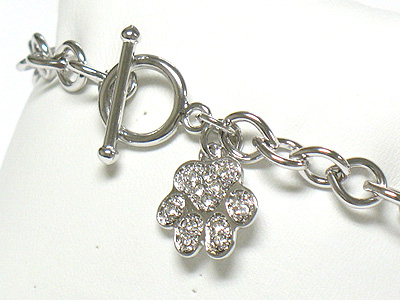 Whitegold palting crystal paw charm toggle bracelet