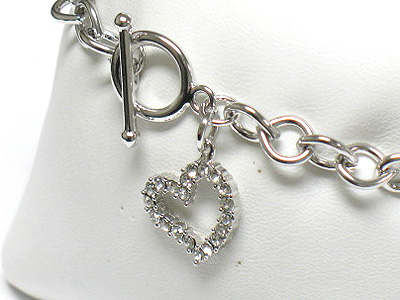 Made in korea whitegold plating crystal heart charm dangle toggle bracelet