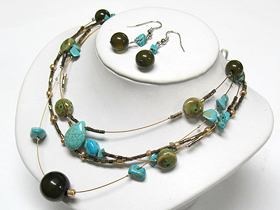 Multi strand turquoise and figurin stone necklace ans earring set