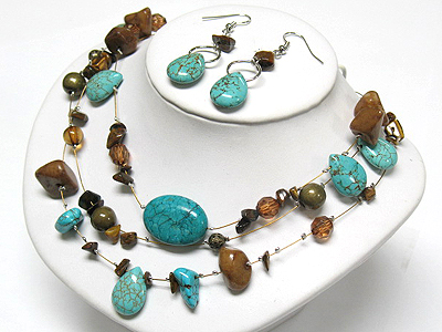 Multi strand turquoise and natural stone necklace ans earring set