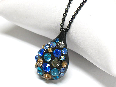 Crystal stud enameled metal tear drop pendant necklace