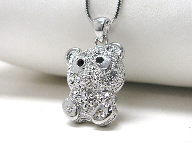 Made in korea whitegold plating crystal stud teddy bear pendant necklace