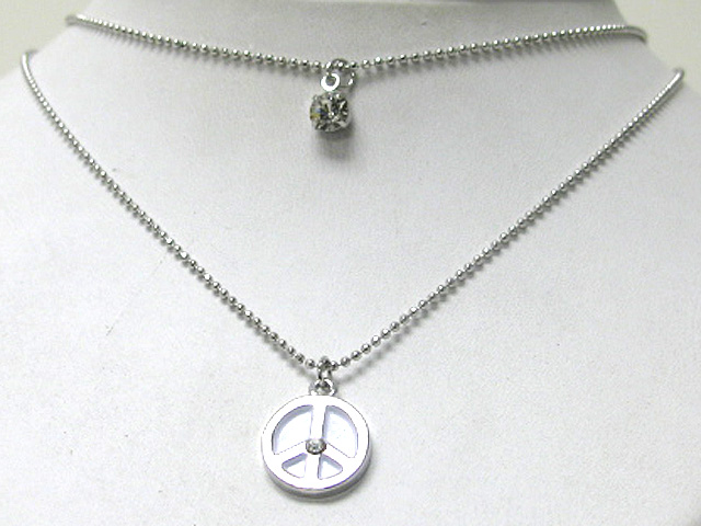 Made in korea whitegold plating crystal stud peace mark pendant double layer chain necklace