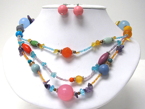 Multi acrylic ball and seed bead 3 line necklace earring set