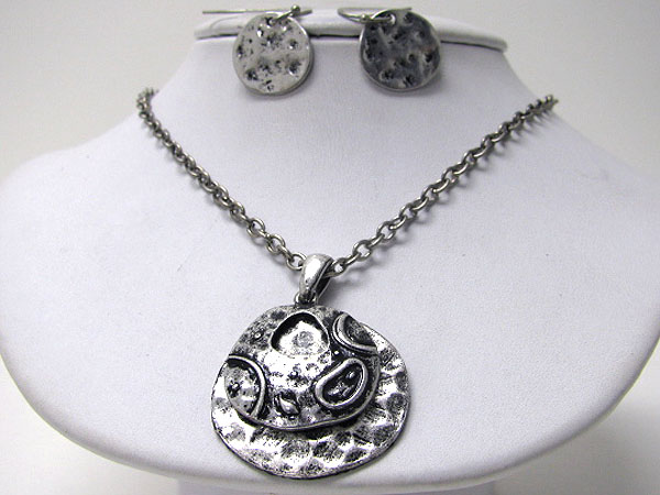 Antique style burnish silver double metal disk necklace earring set