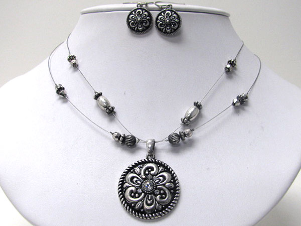 Crystal center metal flower pendant and double metal wire necklace earring set