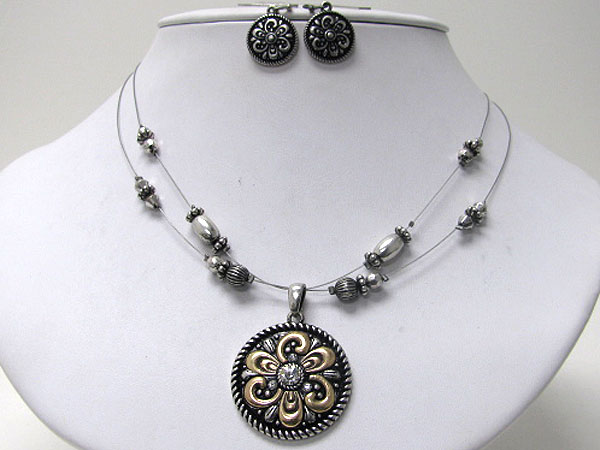 Crystal center metal flower pendant and double metal wire necklace earring set