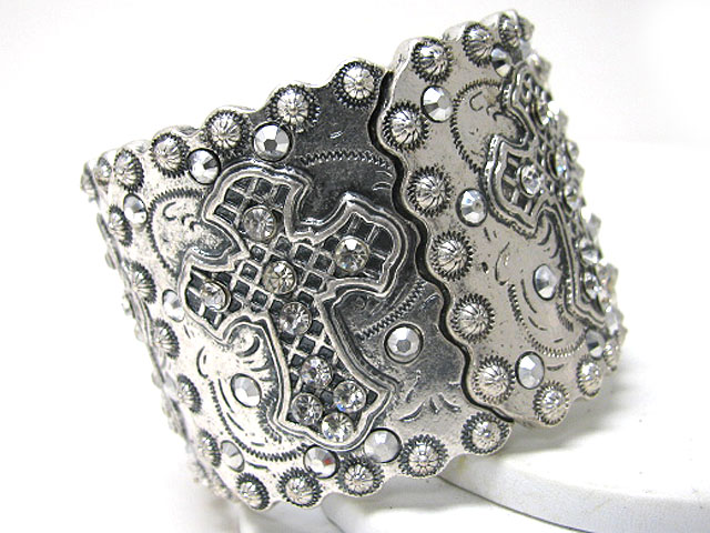 Crystal cross accent antique metal stretch bracelet