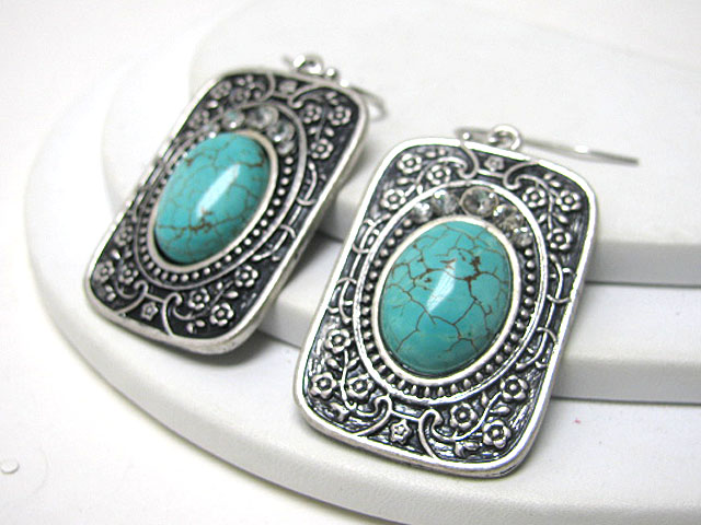 Turquoise accent textured metal earring