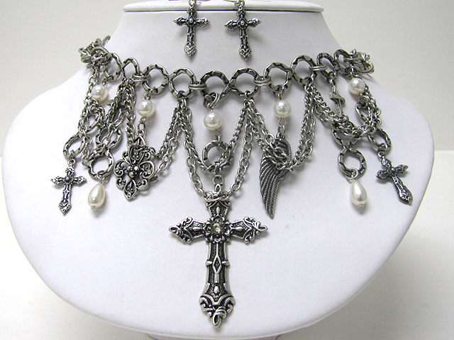 Cross pendant and mixed charm chain hanging drop necklace earring set