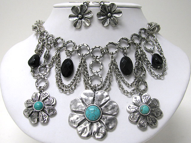 Turquoise stone accent metal flower chain hanging drop necklace earring set