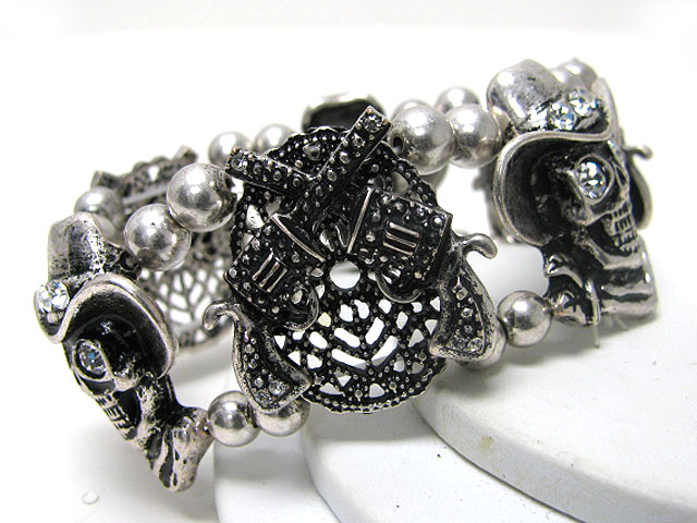 Crystal stud skull and gun link stretch bracelet