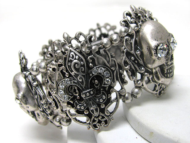 Crystal stud skull and fleur de lis link stretch bracelet