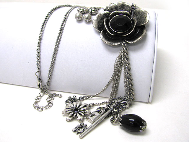 Crystal stud burnish metal flower and multi chain link long necklace earring set