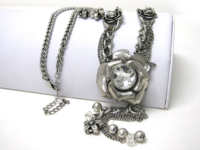 Crystal stud burnish metal flower and multi chain link long necklace earring set