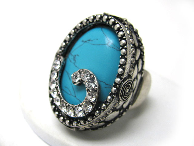 Crystal top turquoise stone and crystal side deco metal stretch ring