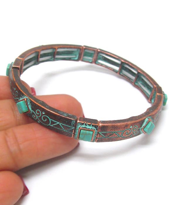 Burnish copper and patina stretch bracelet
