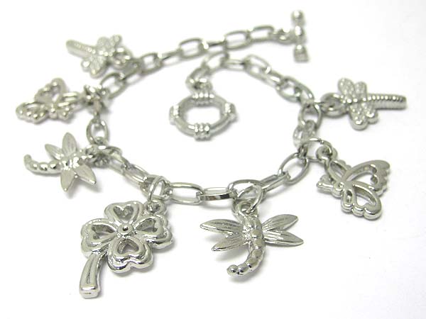 Crystal stud dragonfly and clover theme charm link bracelet