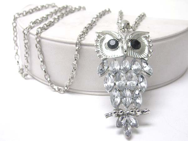 Crystal feather owl pendant long necklace