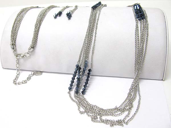 Multi strand facet glass and metal chain long necklace set