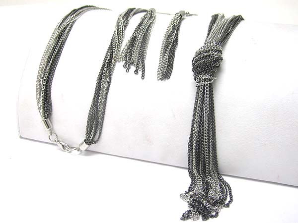 Multi strand mixed knotted chain long necklace earring set 