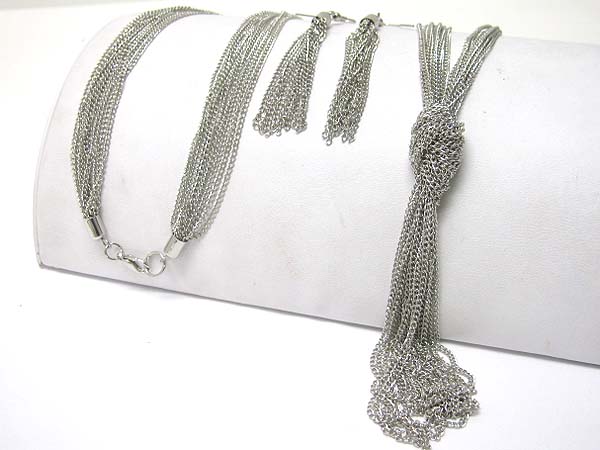 Multi strand mixed knotted chain long necklace earring set 