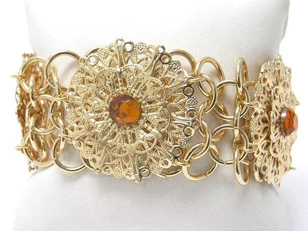 Crystal stud filigree metal flower metal link bracelet