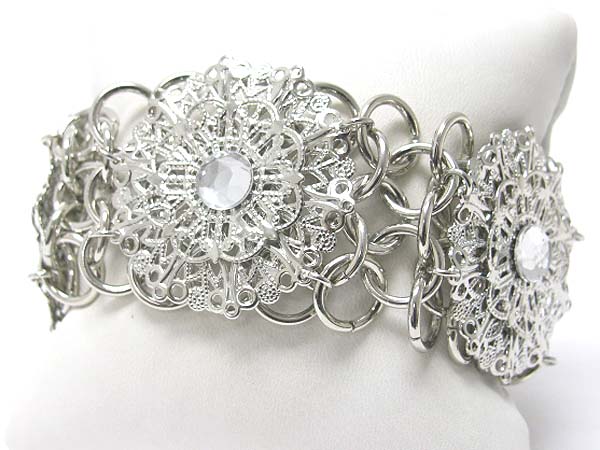 Crystal stud filigree metal flower metal link bracelet