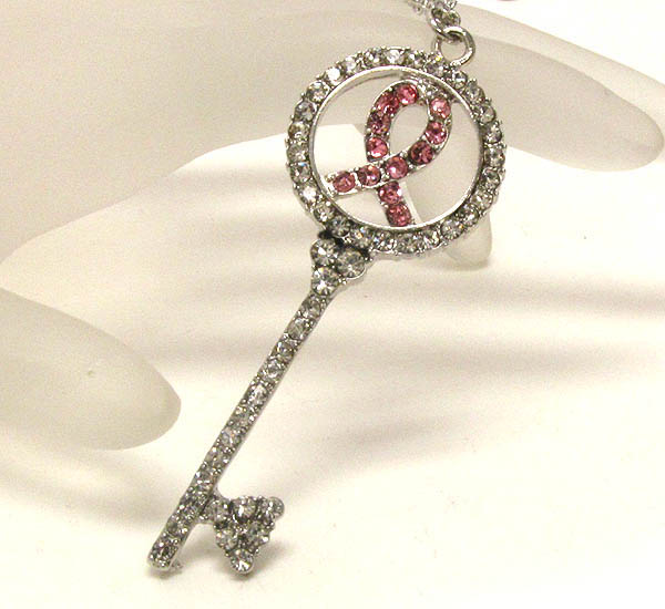 Crystal deco pink ribbon key pendant necklace - breast cancer awareness