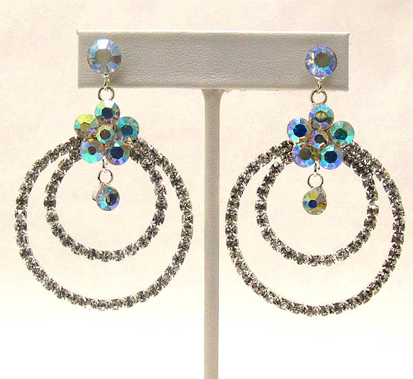 Crystgal flower and double hoop drop earring - hoops