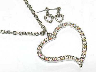 Large crystal open heart necklace and earring set