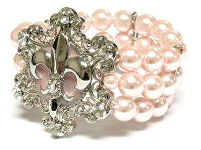 Crystal and metal deco fleur de lis triple line pearl stretch bracelet