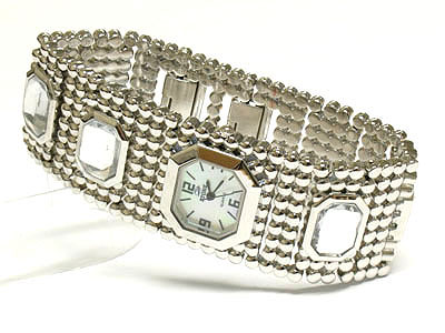 High polish wide metal band fashion watch - glass deco 