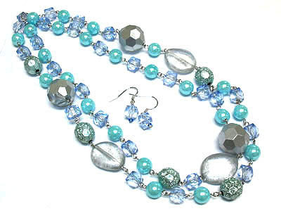 Multi beads long necklace and earring set