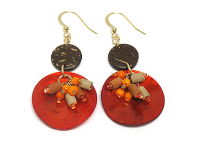 Shell and wood disk dangles earring