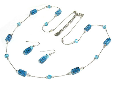 Flower pattern glass bead and acrylic bead necklace and earring set