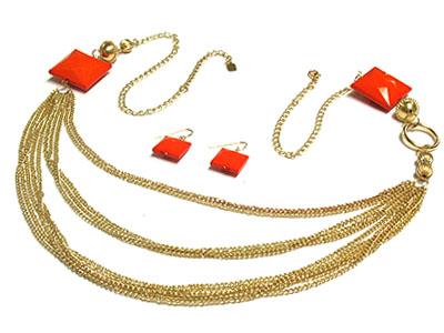 Multi strands metal necklace with acrylic facet cut stone and earring set 