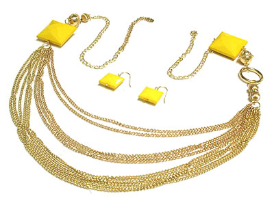 Multi strands metal necklace with acrylic facet cut stone and earring set